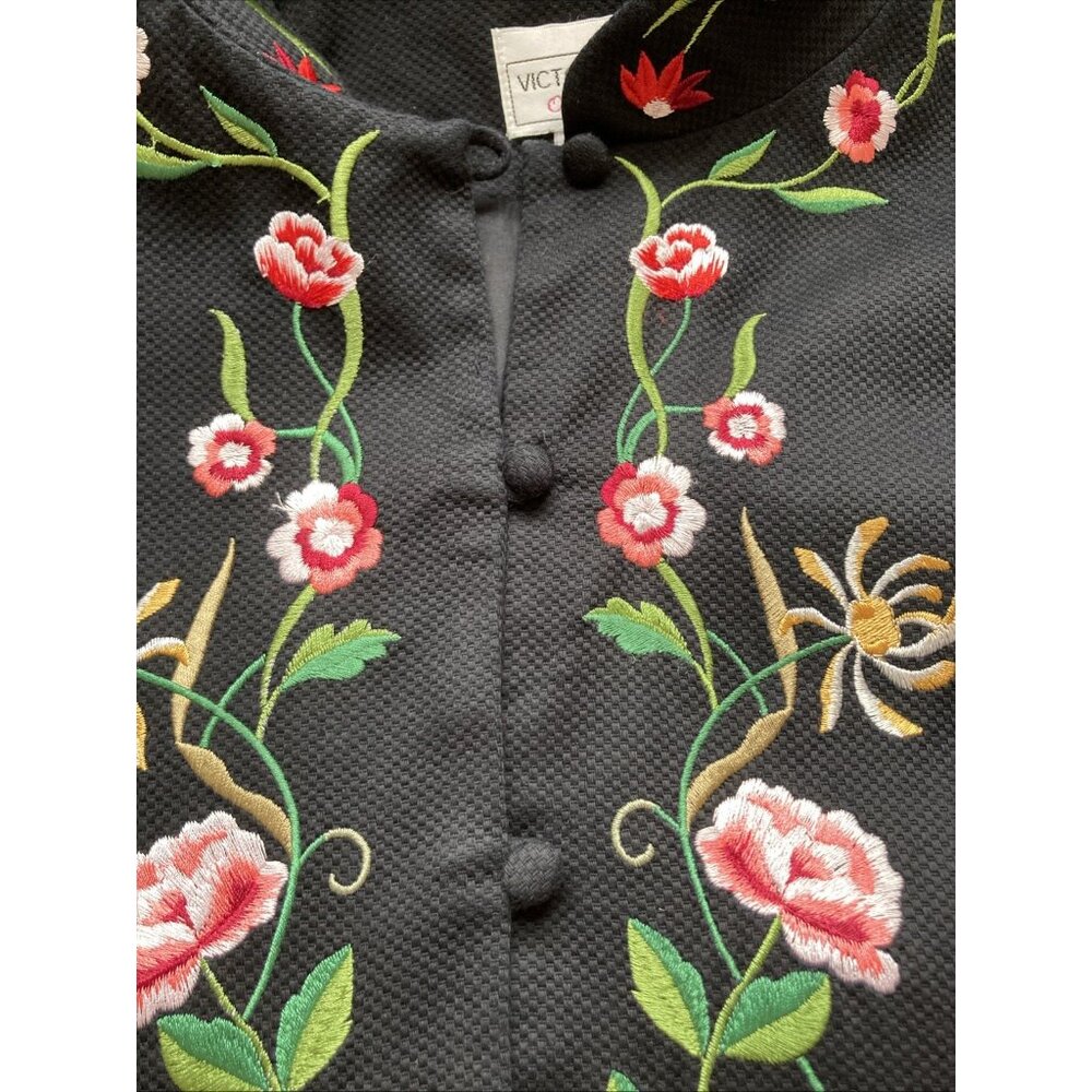 VICTOR COSTA vtg 90s Women Coat 2X Black Embroidered Flowers Button up Longline - Picture 6 of 11